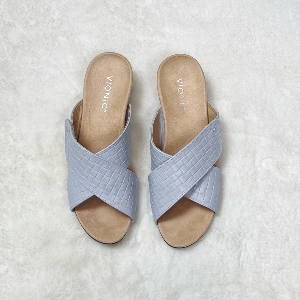 NIB Vionic Leticia Leather & Jute Wedge Slide Sandals Blue - Picture 6 of 8